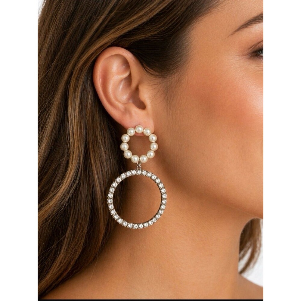 Bijoux Bar Silver Rhinestone/ Faux Pearl Circle Drop Earrings